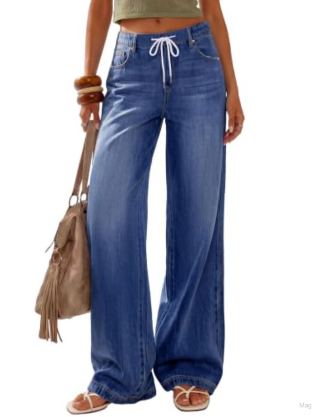Womens Stretchy Drawstring Wide Leg High Rise Jeans Casual